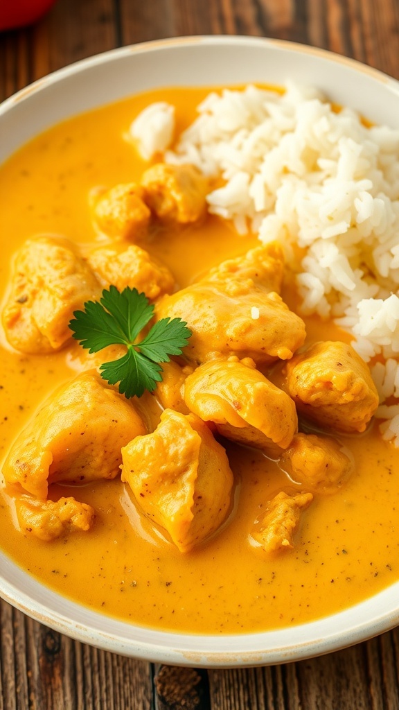 A bowl of yellow chicken curry with chicken pieces in coconut sauce, garnished with cilantro, served with rice on a rustic table.